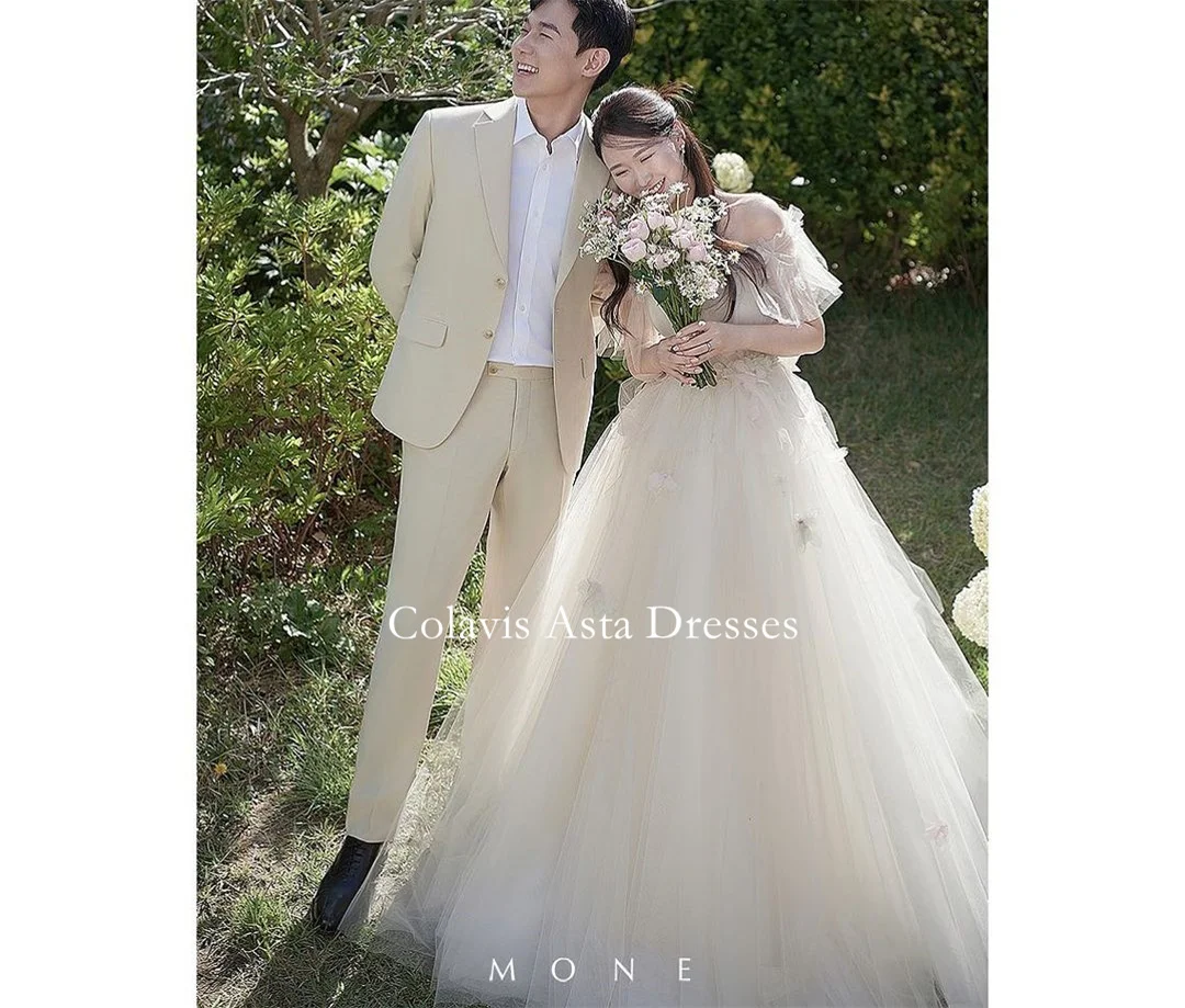 

FANAN Korea Off Shoulder Ivory Princess Wedding Dresses 웨딩드레스 Custom Made Princess Corset 3D Flowers Bride Gowns Plus Size