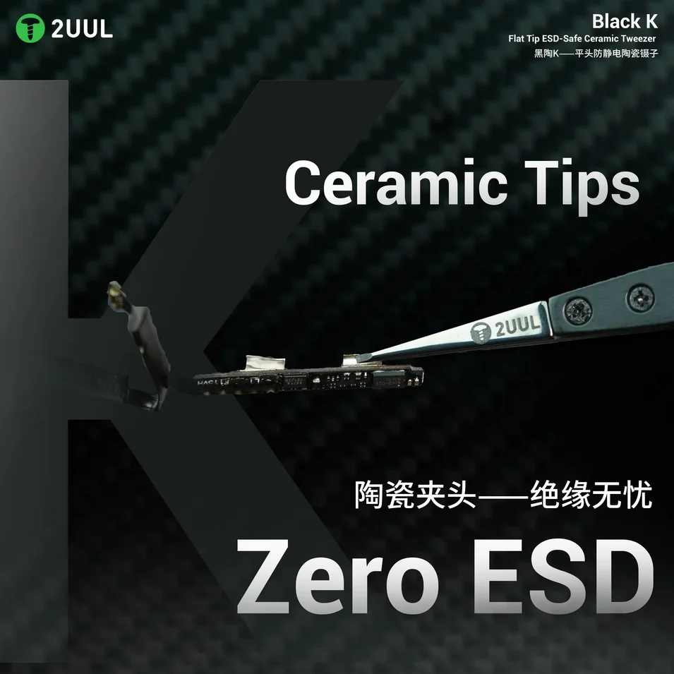 2UUL TW32 ESD Ceramic Tweezers for Mobile Phone Maintenance High Precision Swift Frame Glue Removal Flat Tips Clamping Tweezers