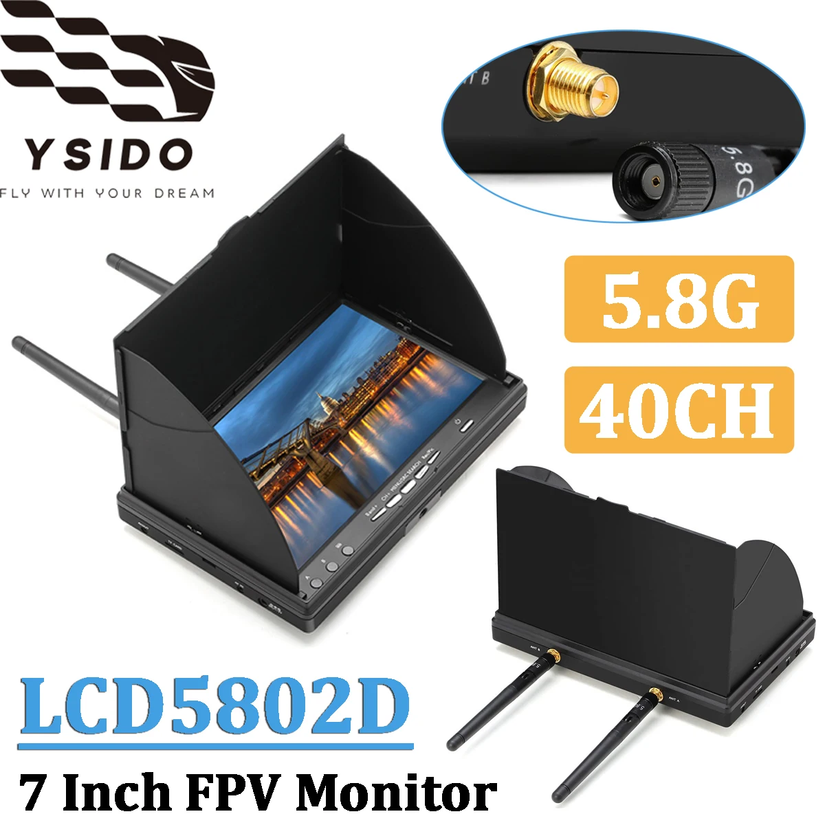 شاشة YSIDO 5.8G 40CH 7 بوصة LCD5802D بدقة 800*480 مع بطارية مدمجة DVR لجزء الطائرة بدون طيار RC FPV Multicopter Quadcopter
