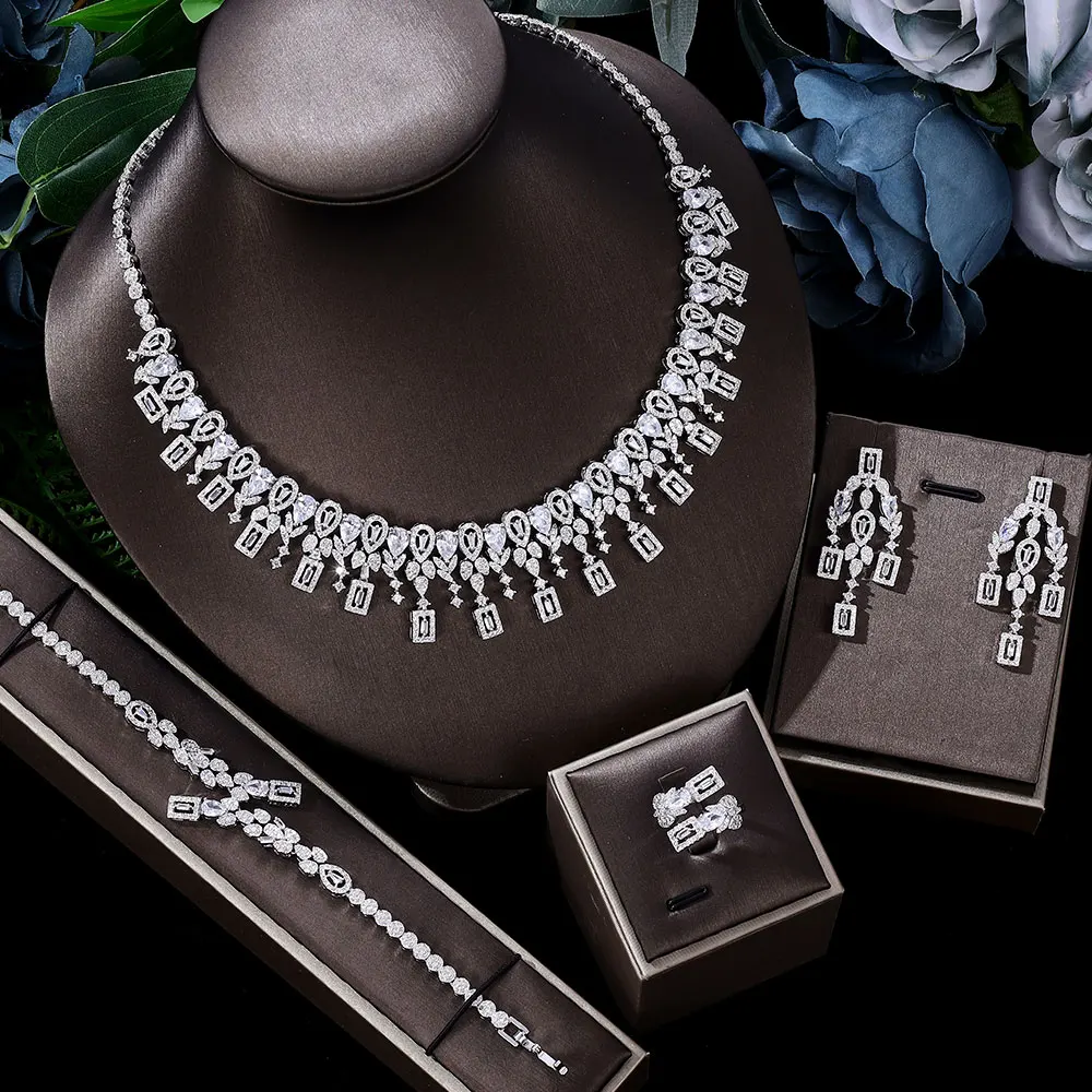 

Fashion 4pcs Bridal Zirconia Full Jewelry Sets For Women Party Luxury Dubai Nigeria CZ Crystal Wedding Necklace