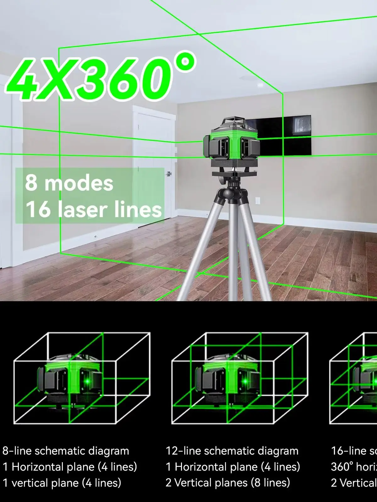 16/12 lijnen 4D-laserniveau Groene lijn Zelfnivellerend 360 horizontaal en verticaal Super krachtig laserniveau groene straallaserniveau - afbeelding 2