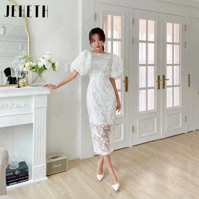 JEHETH Lace Mermaid Korea Vestidos De Noiva De Cetim O-Neck Vestidos De Casamento Vintage Puff Sleeves Fotografia Chá de comprimento Side Split Lace Mermaid Korea Vestidos De Noiva De Cetim O-Neck Vestidos De Casamento