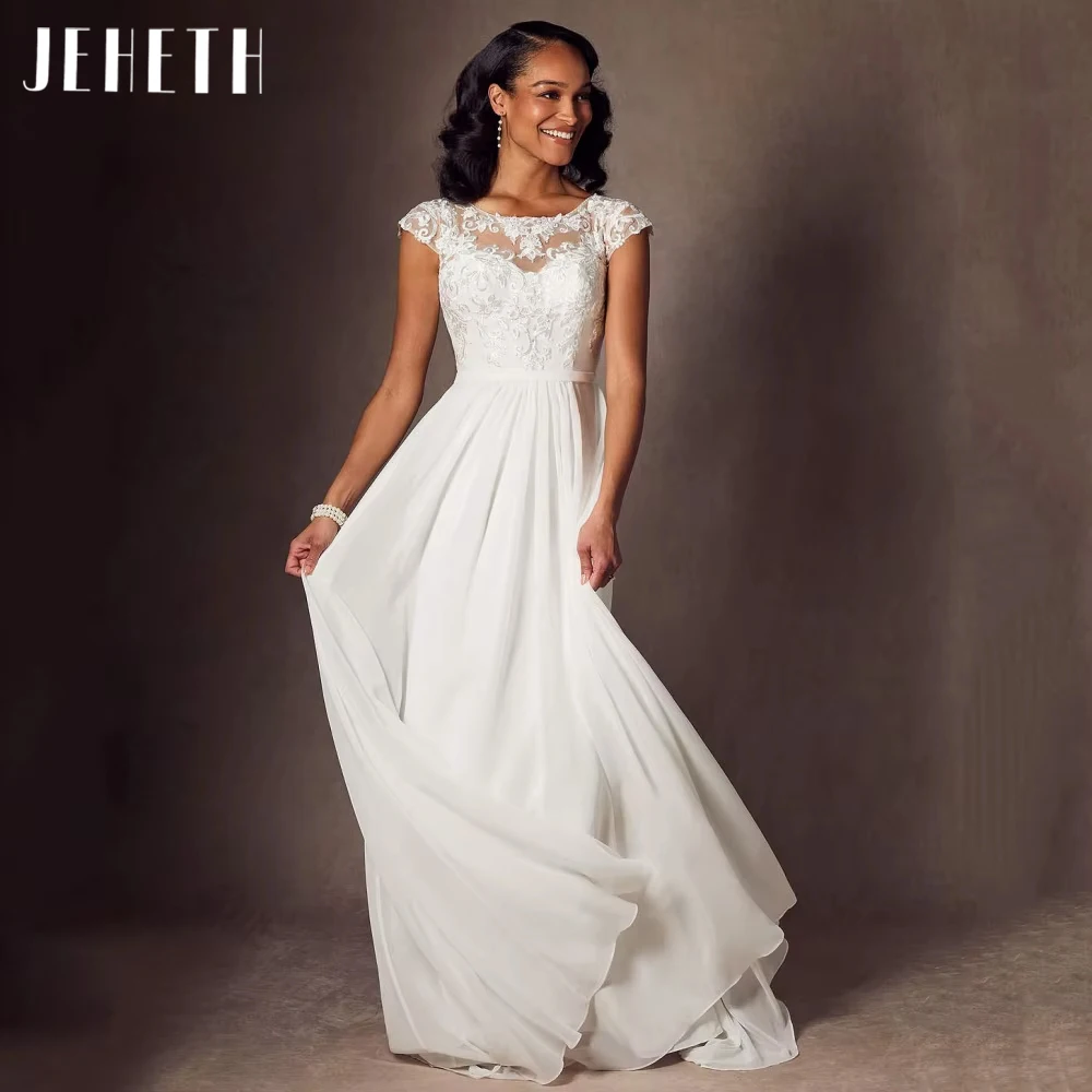

JEHETH Customized Elegant Wedding Dresses A Line O Neck Bride Dress Lace Cap Sleeves Bridal Gowns Applique Vestidos De Novia