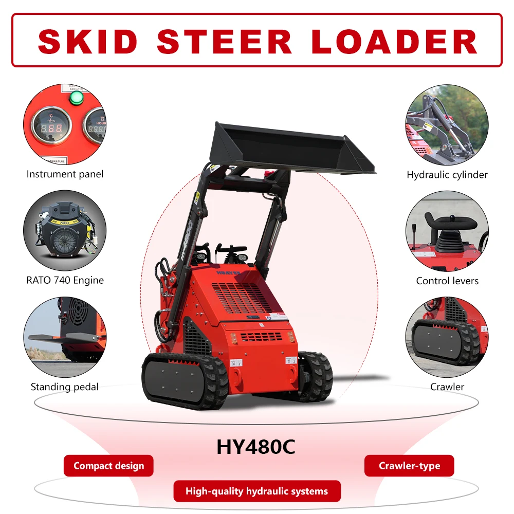 Chargeuse compacte sur chenilles HY480C |    Moteur à essence 23 CV, idéal pour divers scénarios de travail avec des accessoires polyvalents