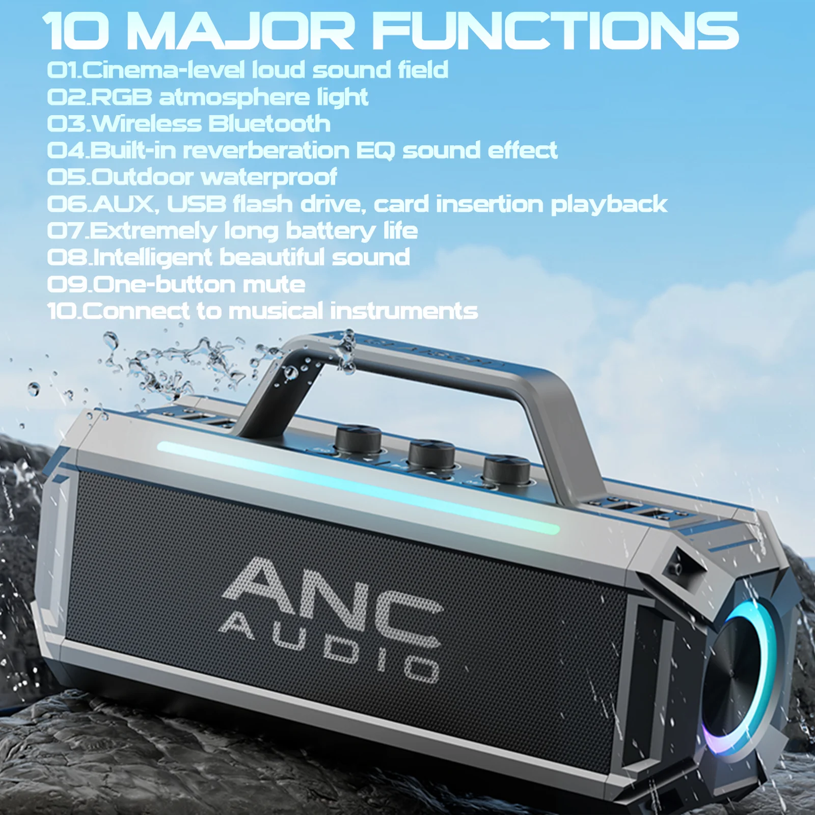 ANC 100W Bluetooth Speaker with 3 Way 7-speaker Built-in/dual wireless mic, Hi-Res Audio, Subwoofer, Instrument Input, 12 hours