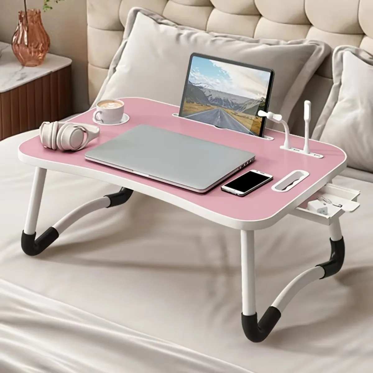

Portable Laptop Bed Table – Ultra Large Foldable Desk with Cup Holder, Drawer, USB, Fan & Light, Stable & Reading, Writing
