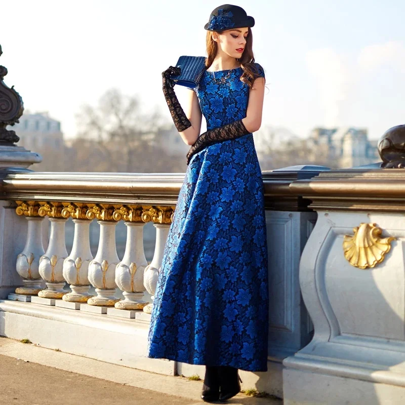 DEVCHATA Hoge kwaliteit mode vrouwen zomer lange maxi jacquard jurk prachtige dames party blauwe bloemen kleding vintage vestidos - afbeelding 2