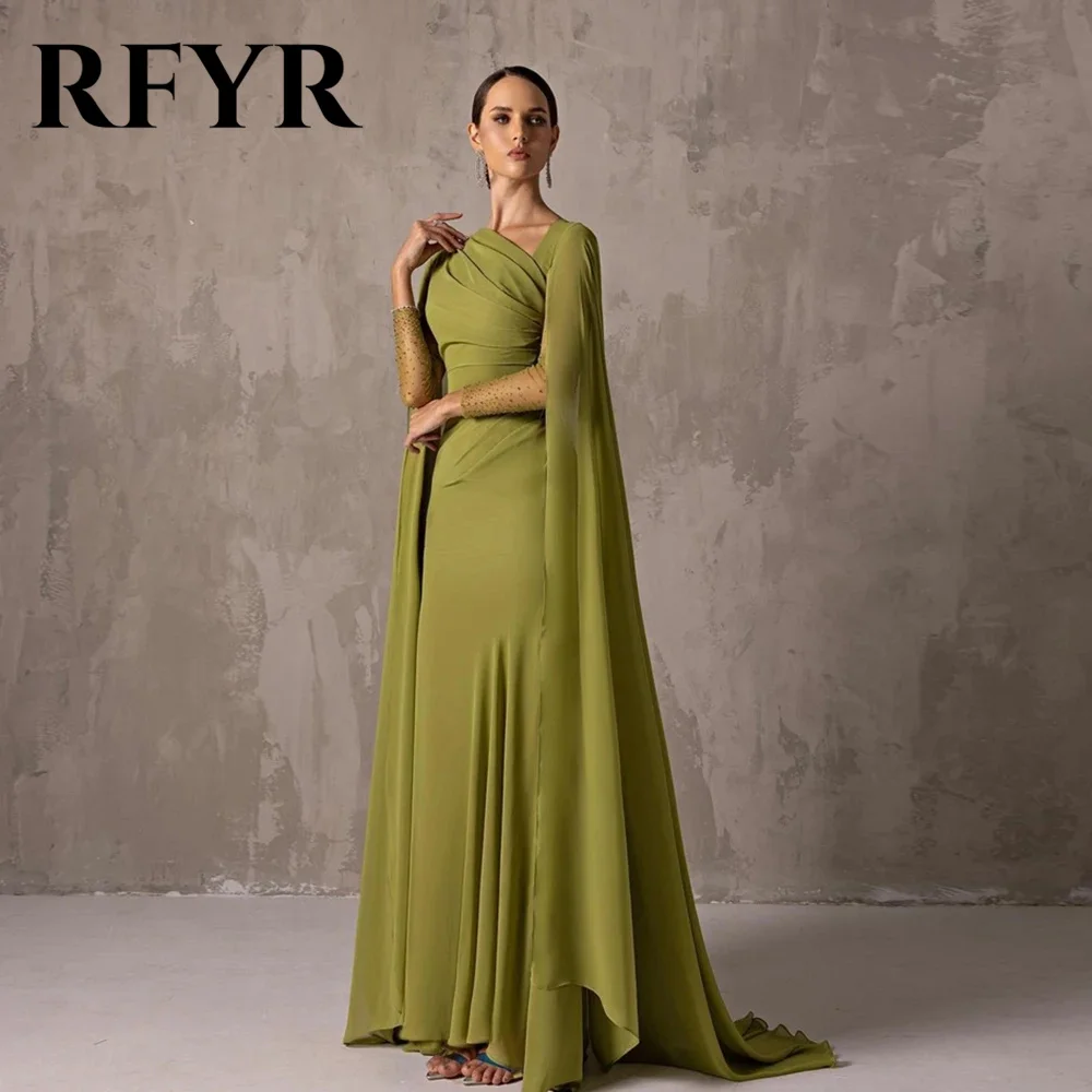 

RFYR One Shoulder Chiffion Green Prom Dress Elegant Mermaid Evening Dress with Long Cape Arab Dress Vestidos De Noche Customized