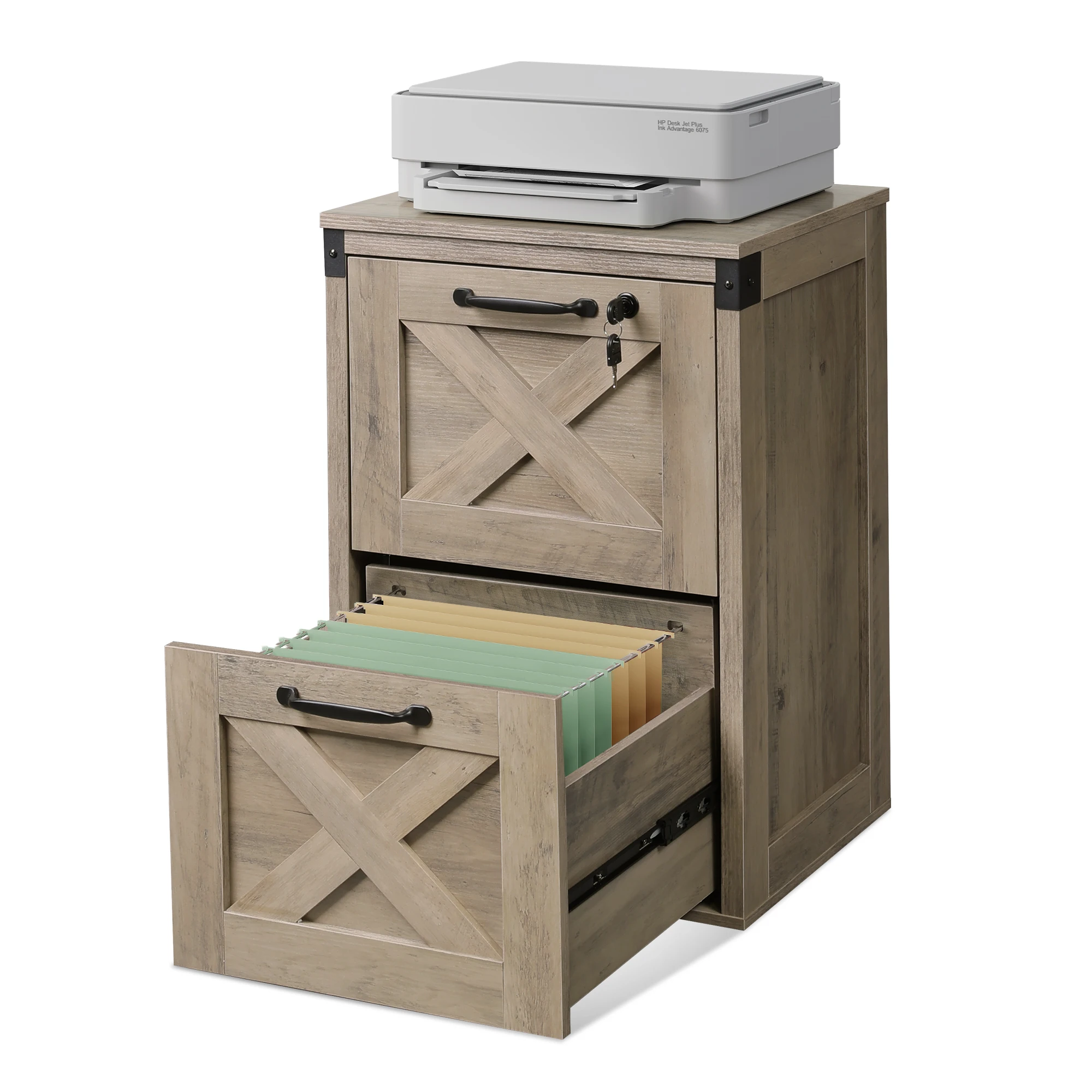 2-Drawer File Cabinet with Lock, Office Filing Cabinets, Gray Oak Printer Stand, Letter & A4 Compatible, Home Office, Wood, Locking Vertical Storage Cabinet, Farmhouse Style