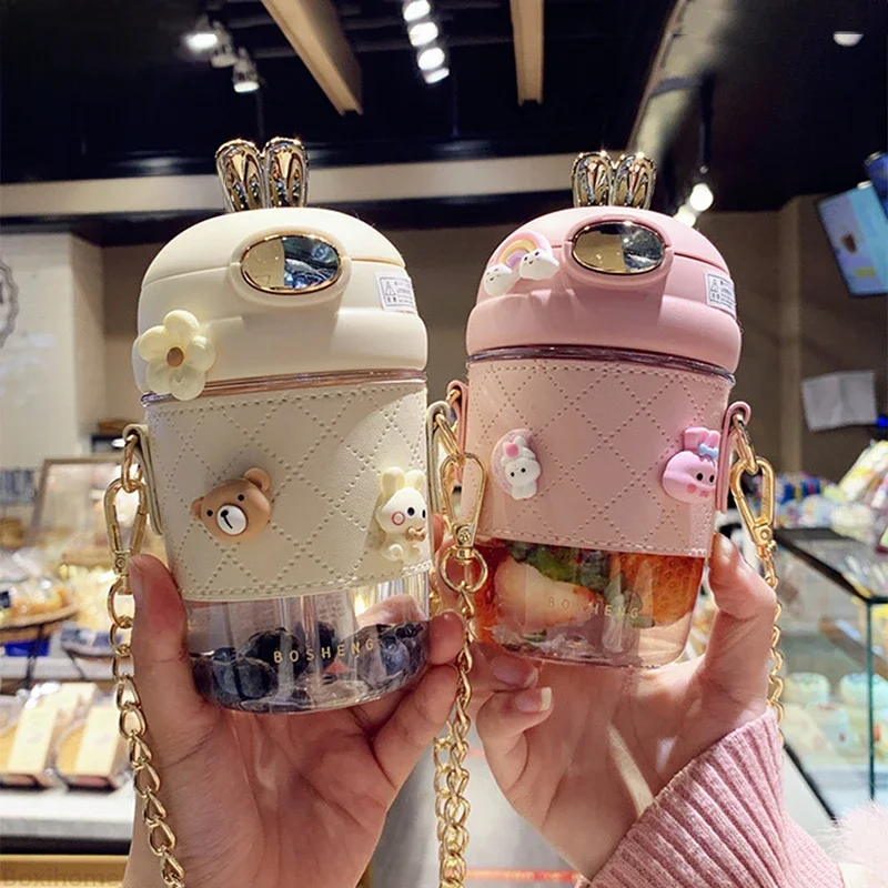 Niedlichen Kaninchen Ohr Kunststoff Wasser Flaschen Mit Stroh Für Mädchen Kinder Tragbaren Strap