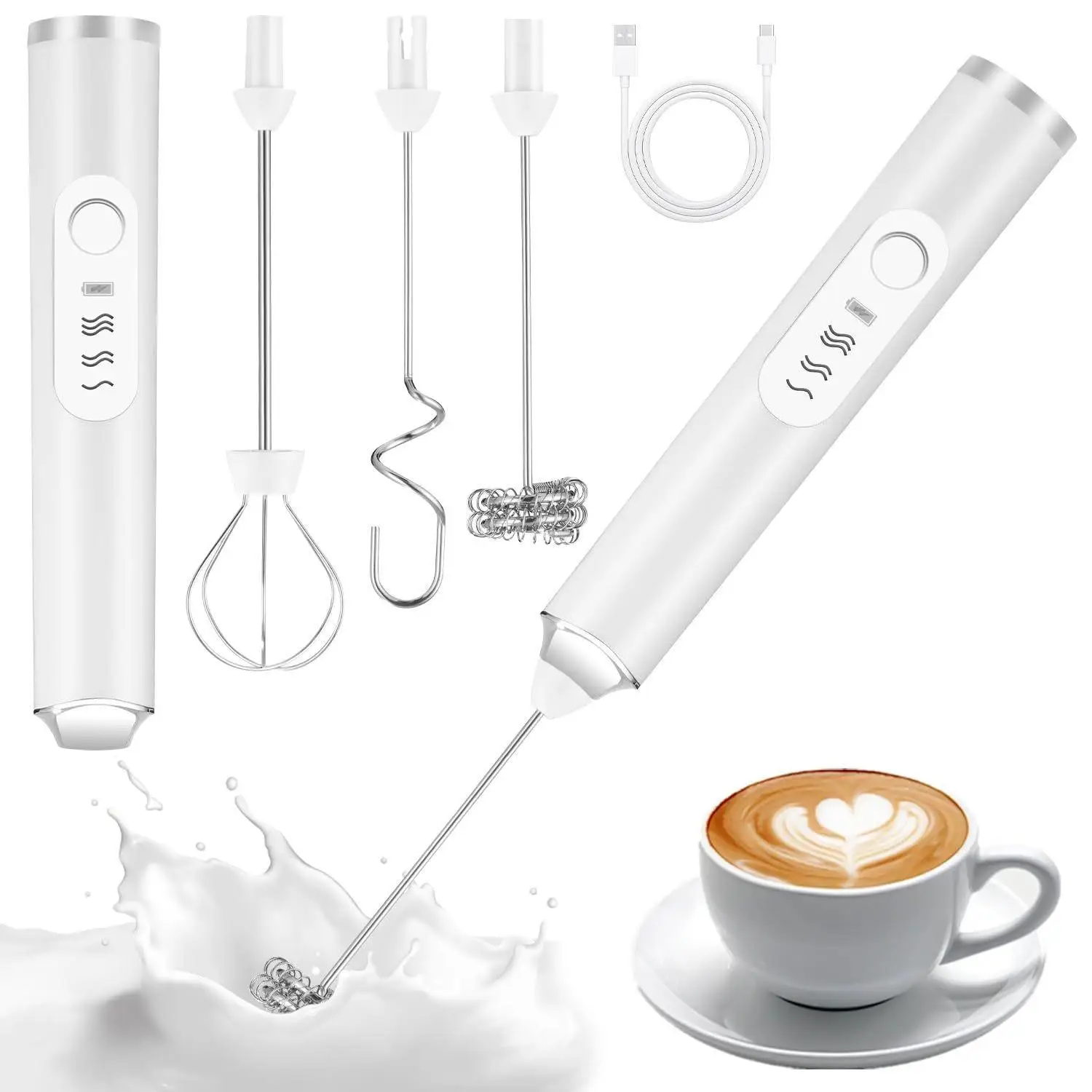 1 Set Handmilchaufschäumer Weiß, Elektrischer Kaffee-Schaumerzeuger für Latte und Cappuccinos, Tragbarer Getränkemixer für Eier und Milch, Geschenk für Kaffeeliebhaber und Heimbaristas