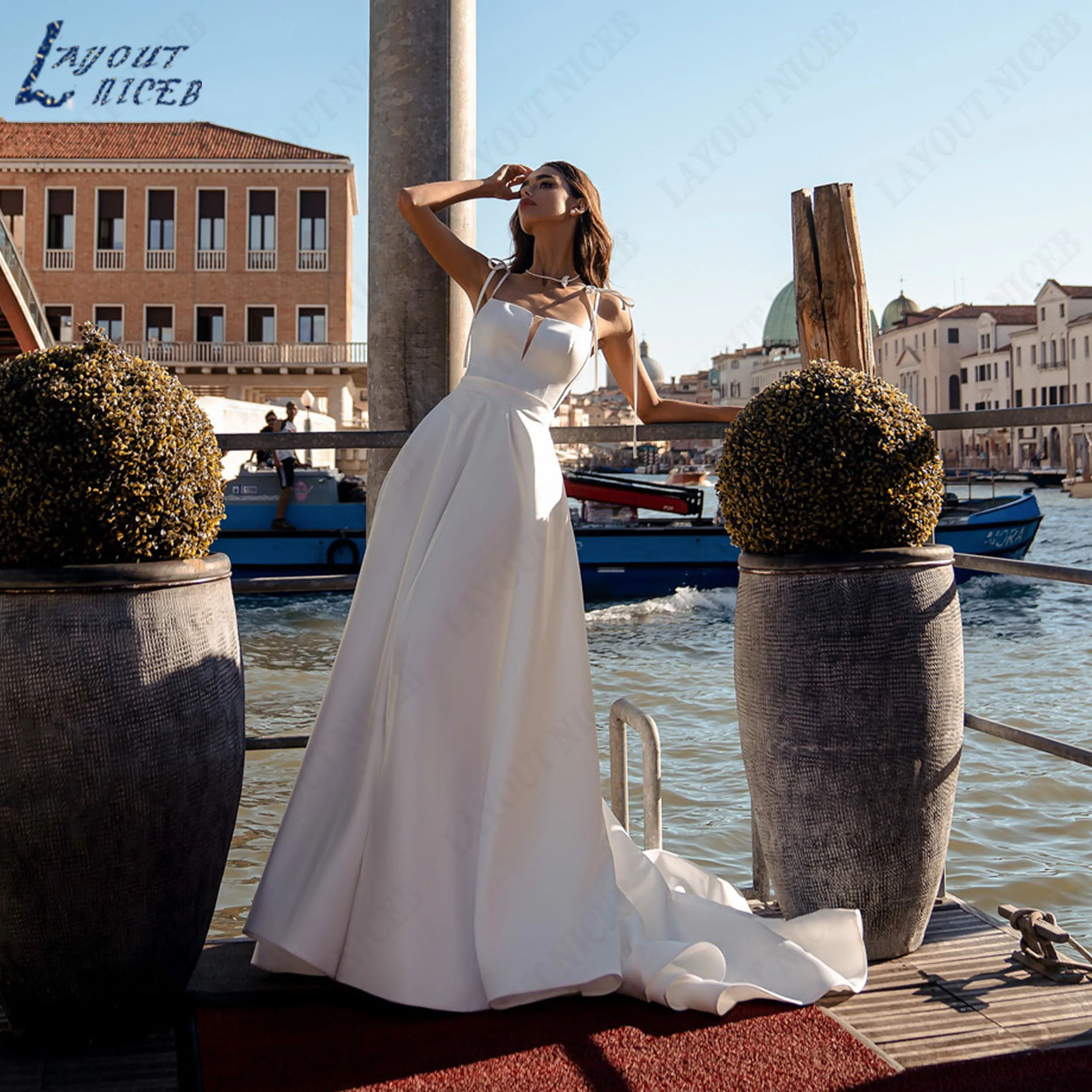 LAYOUT NICEB Customied Spaghetti Straps Strapless Satin Wedding Dress A Line Backless Bridal Gown For Destination Marriage
