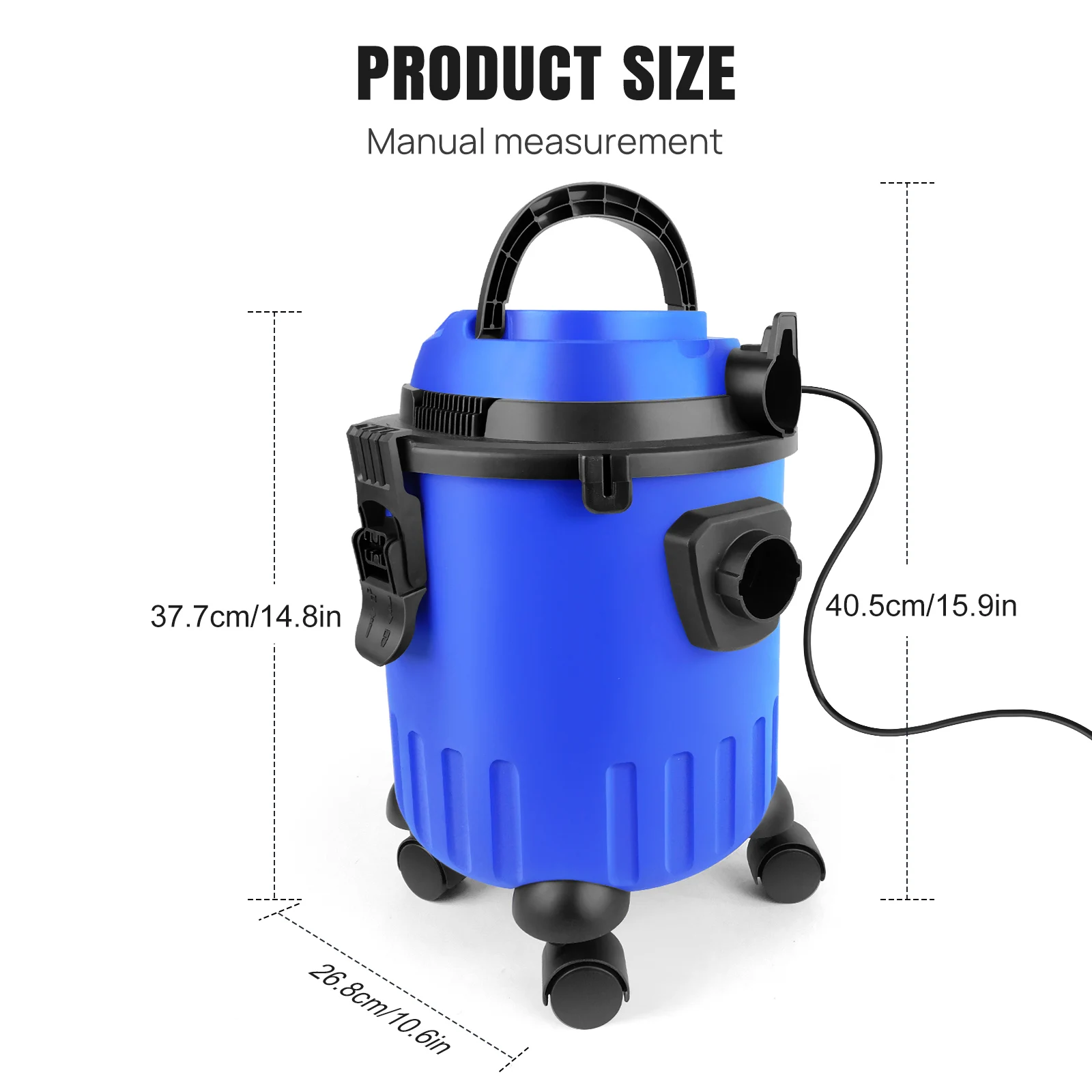 1200W Industriële Nat-Droog Stofzuiger Blaasfunctie, 19kpa Krachtige Zuigkracht Zonder Zak, 15L Capaciteit, 4 Zwenkwielen, 5M Snoer, Blaasfunctie