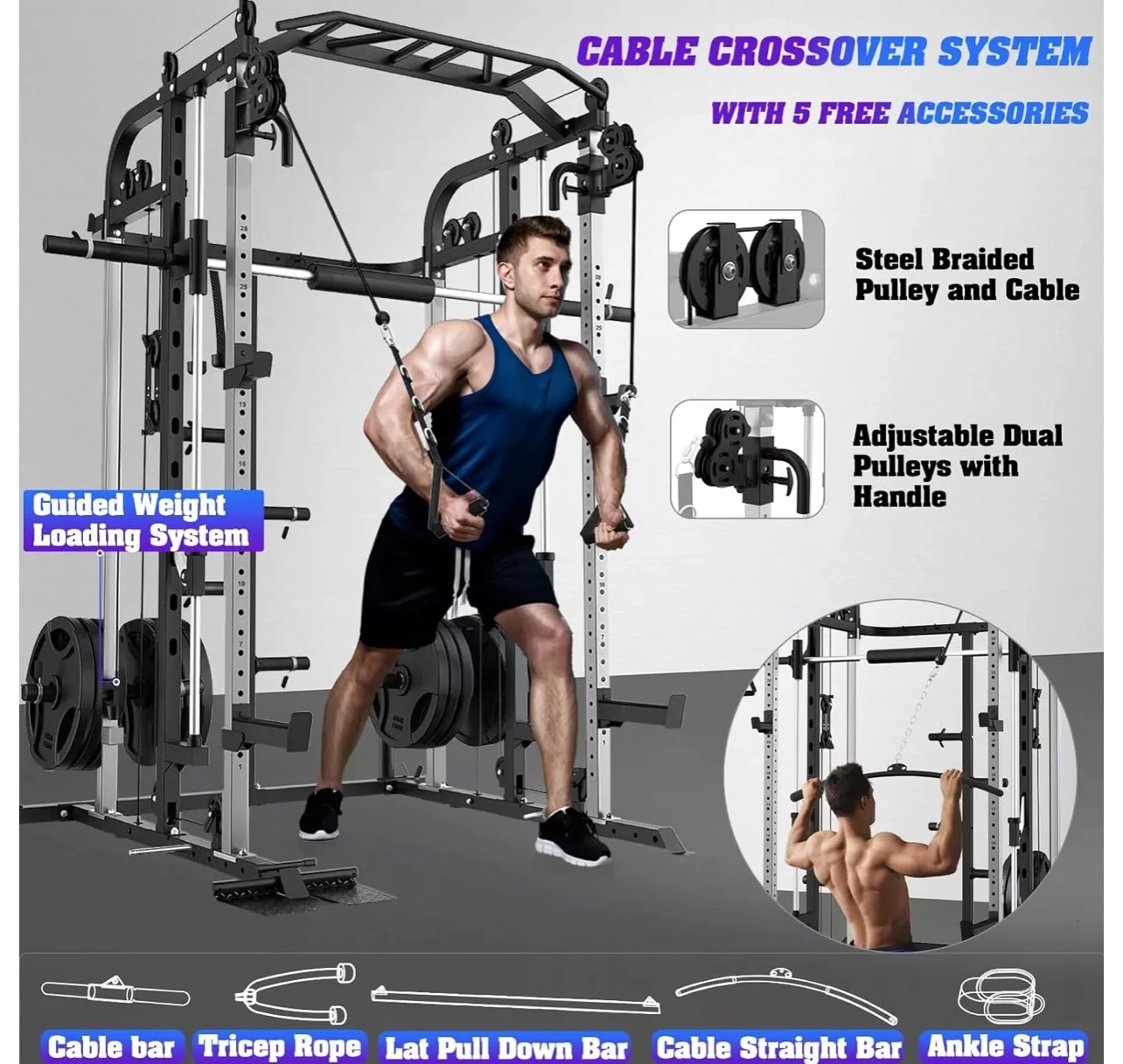 

Buy 5 get 3 free Smith Machine, Multifunctional Power Cage Rack with Smith Bar and Cable Pulley