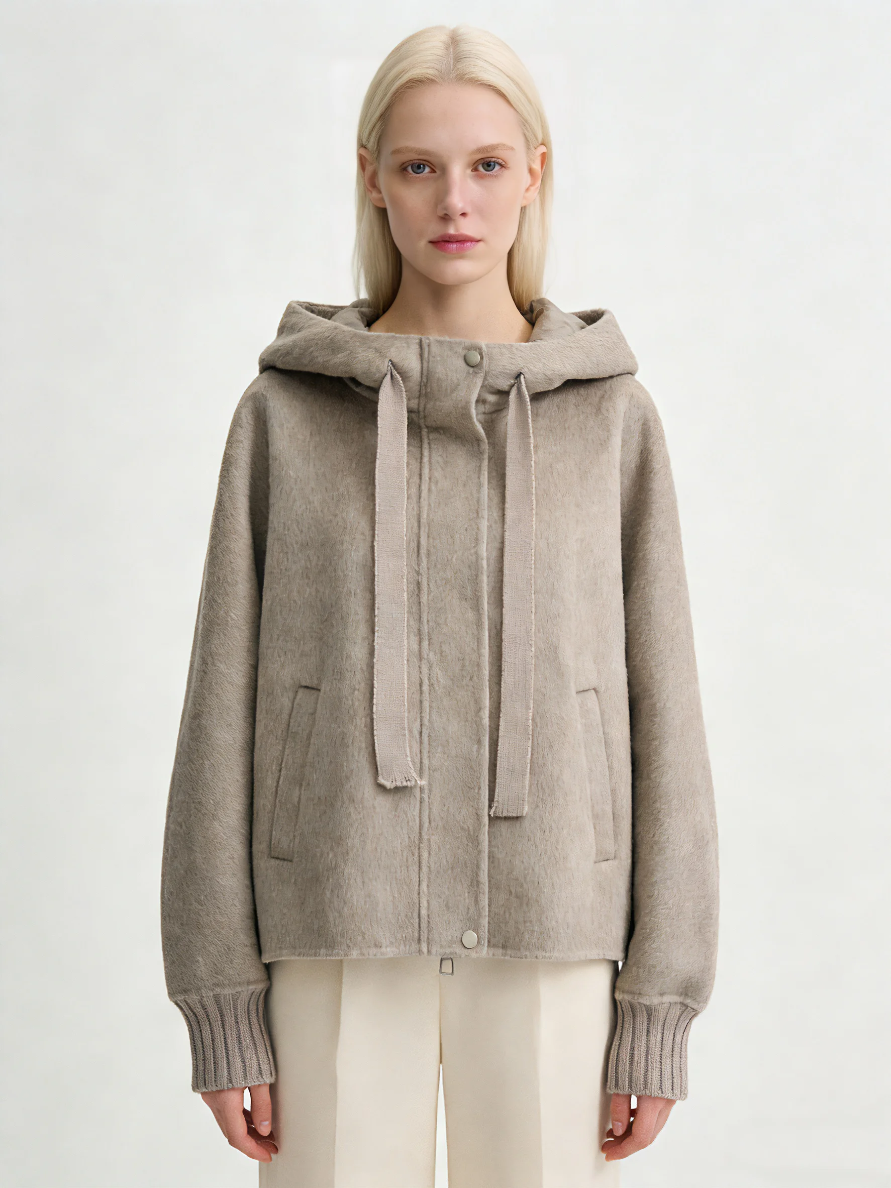 

Женское повседневное бежевое кашемировое шерстяное пальто с капюшоном из 90% белого гусиного пуха, куртка, свободная укороченная вязаная верхняя одежда на манжетах и пуговицах