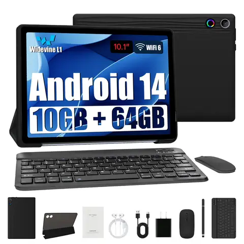 10.1 Inch Android 14 Tablet 12GB RAM 64GB ROM Widevine L1 Compatible IPS HD Screen with Protective Case Stylus Keyboard Mouse
