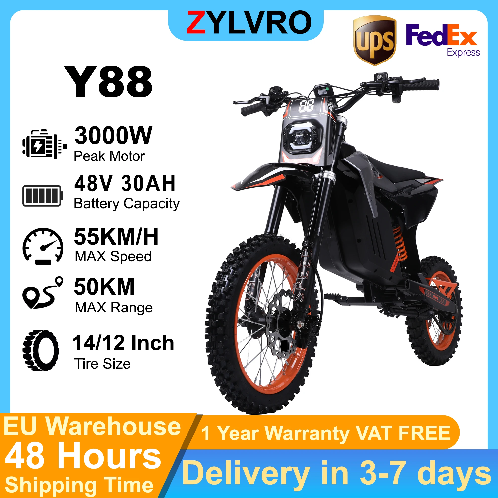 ZYLVRO Y88 E-Motorrad für Erwachsene & Jugendliche, 3000W Motor, 48V 30Ah Batterie, 14"/12" Offroad-Reifen, Vollfederung, Hydraulische Bremsen, maximale Reichweite 50 km, Höchstgeschwindigkeit 55