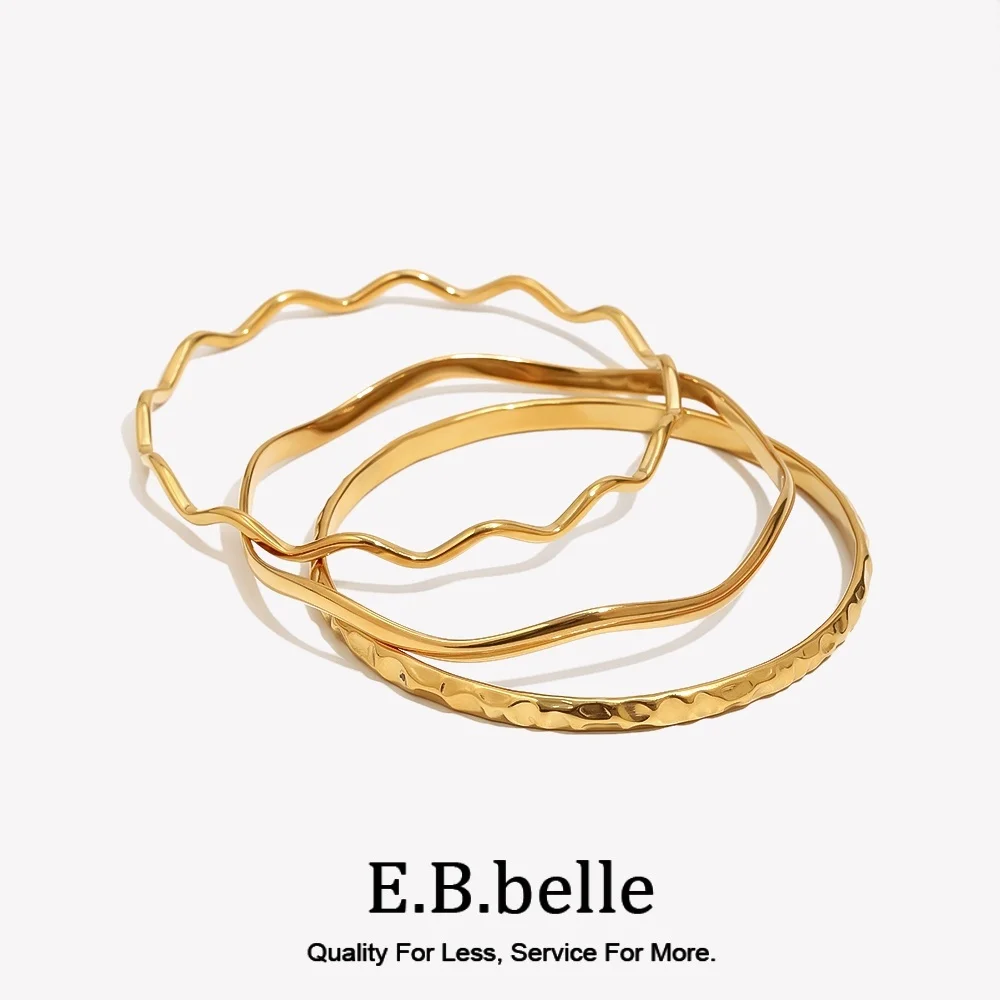 E.B.belle Wave Curved Hammered Textured Bangle Stainless Steel 18K Gold Plated Bangles Minimalist Luxury Office Women Jewelry