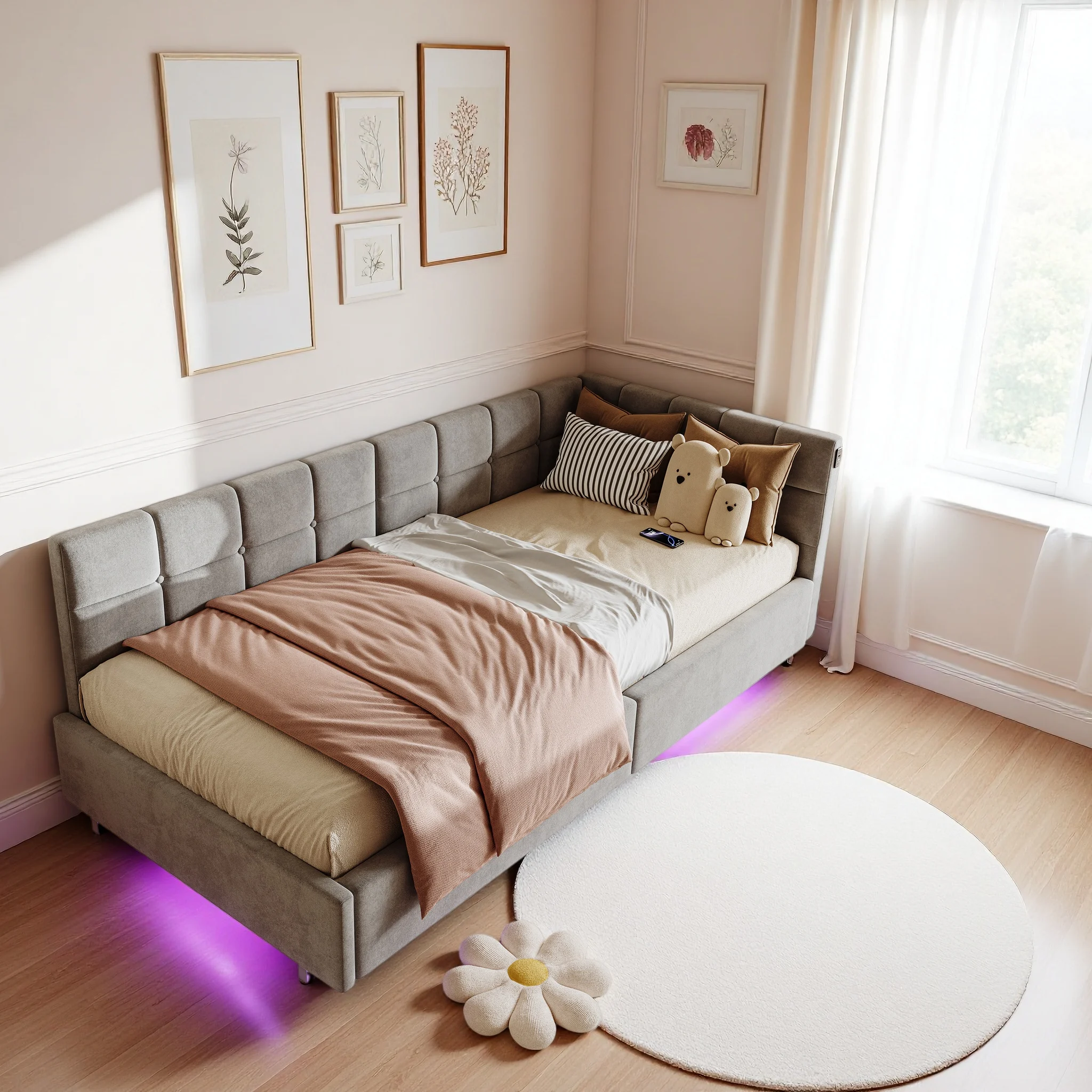Creahappy, 90×200 cm Hydraulikbett, Wohnzimmer-Schlafsofa, Polsterbett mit mehreren praktischen Zubehörteilen, multifunktionaler Bettrahmen mit Stauraum, platzsparendes Einzelbett für kleine