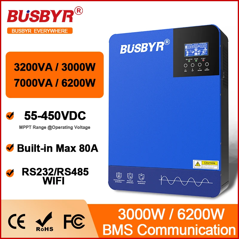 BUSBYR 3000W 6200W Hybrid Solar Inverter 24V 48V 220V Pure Sine Wave Inverter 3KW with MPPT 80A 110A Solar Charger Controller