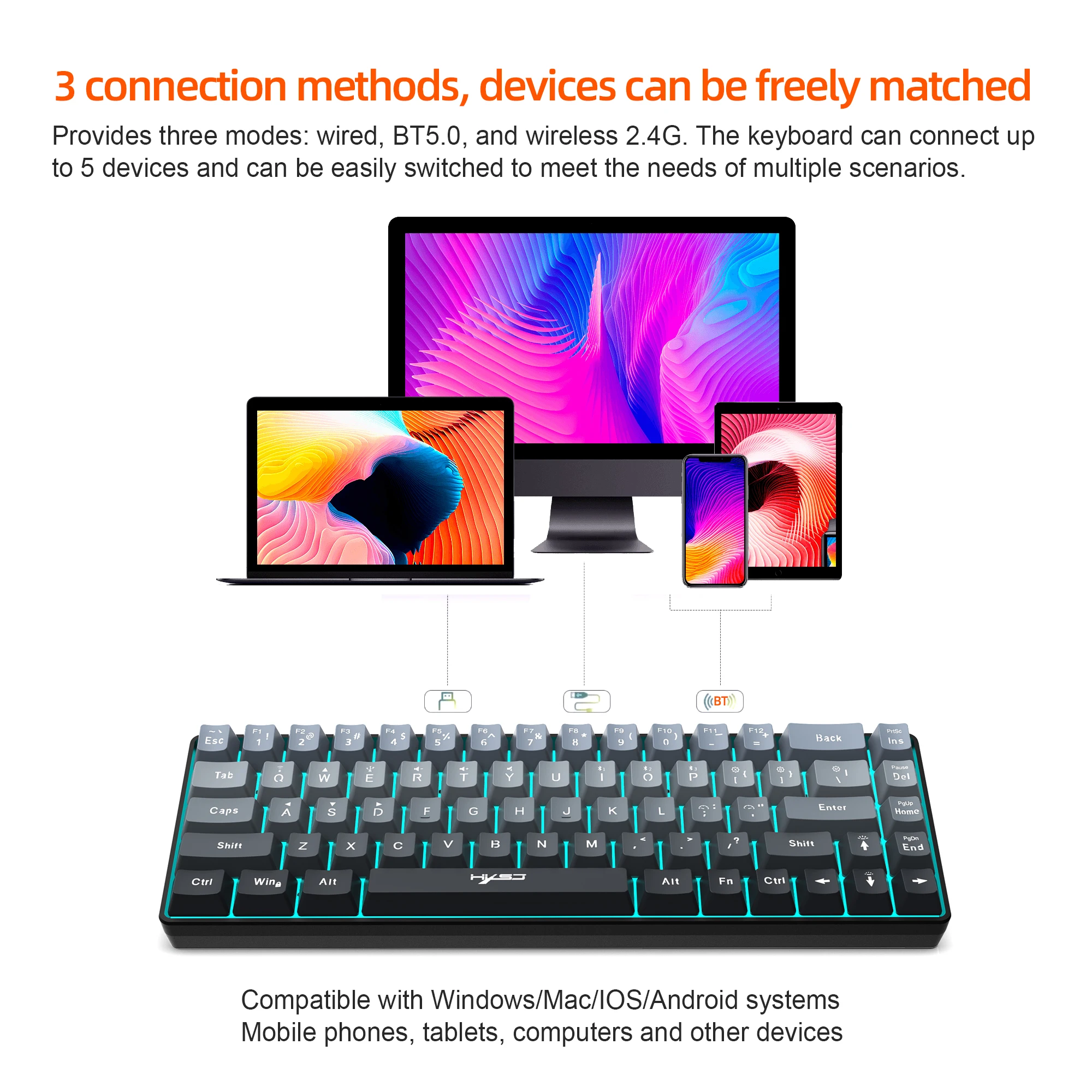 

Беспроводная игровая клавиатура 60% с RGB-подсветкой и тройным подключением, Bluetooth-клавиатурой с эргономичным дизайном, длинной батареей 2000 мАч