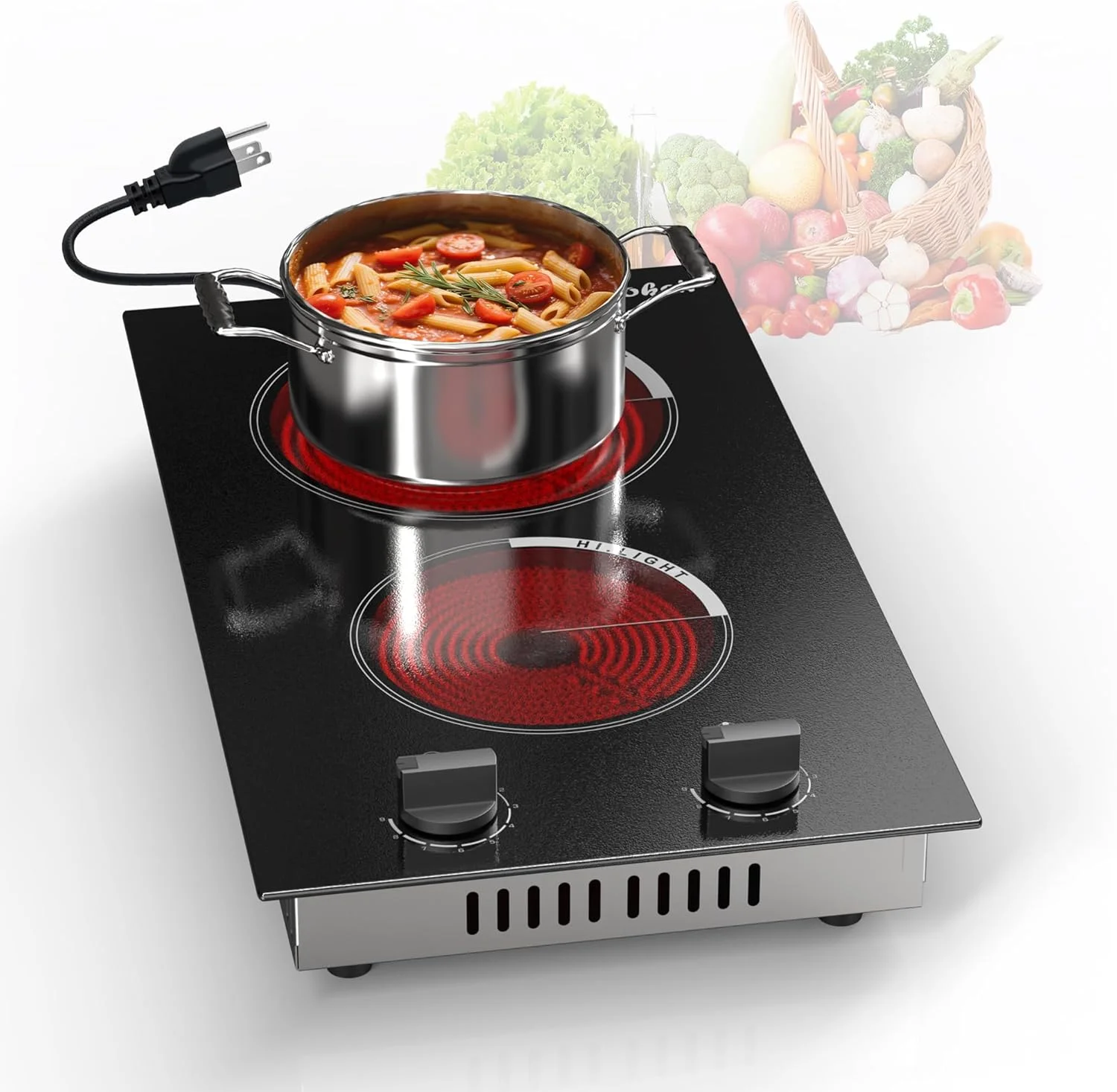 2 Burner Electric Cooktop - 12 Inch,2000W,Residual Heat Indicator,Over-Temperature Protection,9 Power Levels,Knob Control