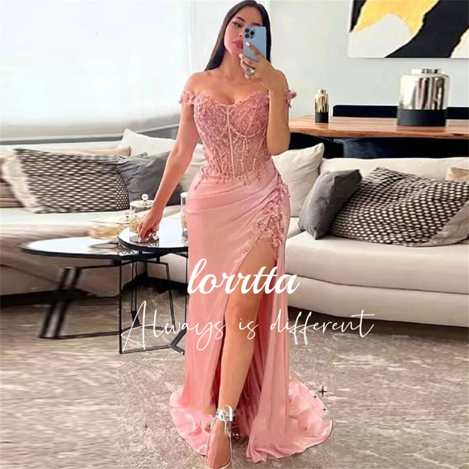 

Lorrtta Applique Cocktail Dress Mermaid Skirt Sexy High Slit Sweetheart Folds Satin فساتين طويلة Vestidos De Fiesta Para Mujer