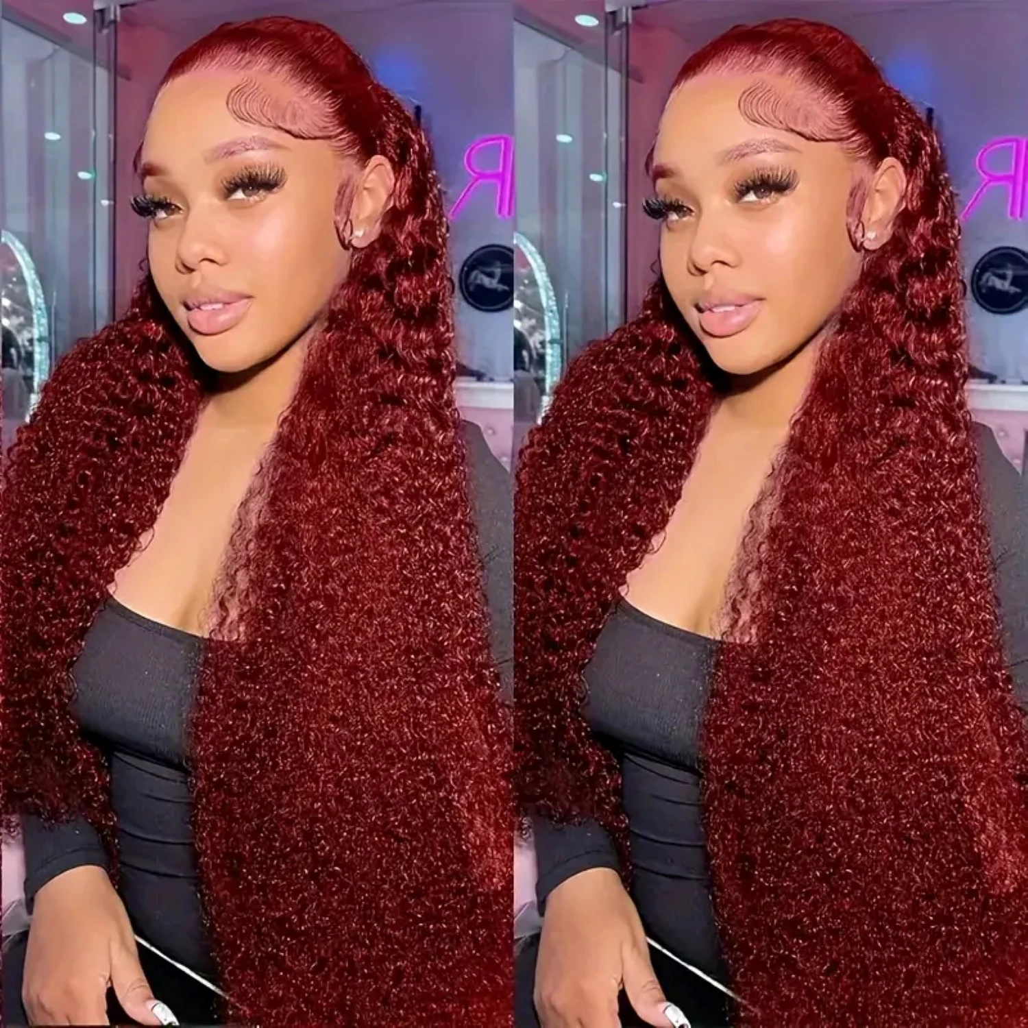 Red Curly Lace Front Wigs Burgundy Lace Front Wig Deep Wave Human Hair Wig with Baby Hair Pre-plucked Hairline  for Women 99J