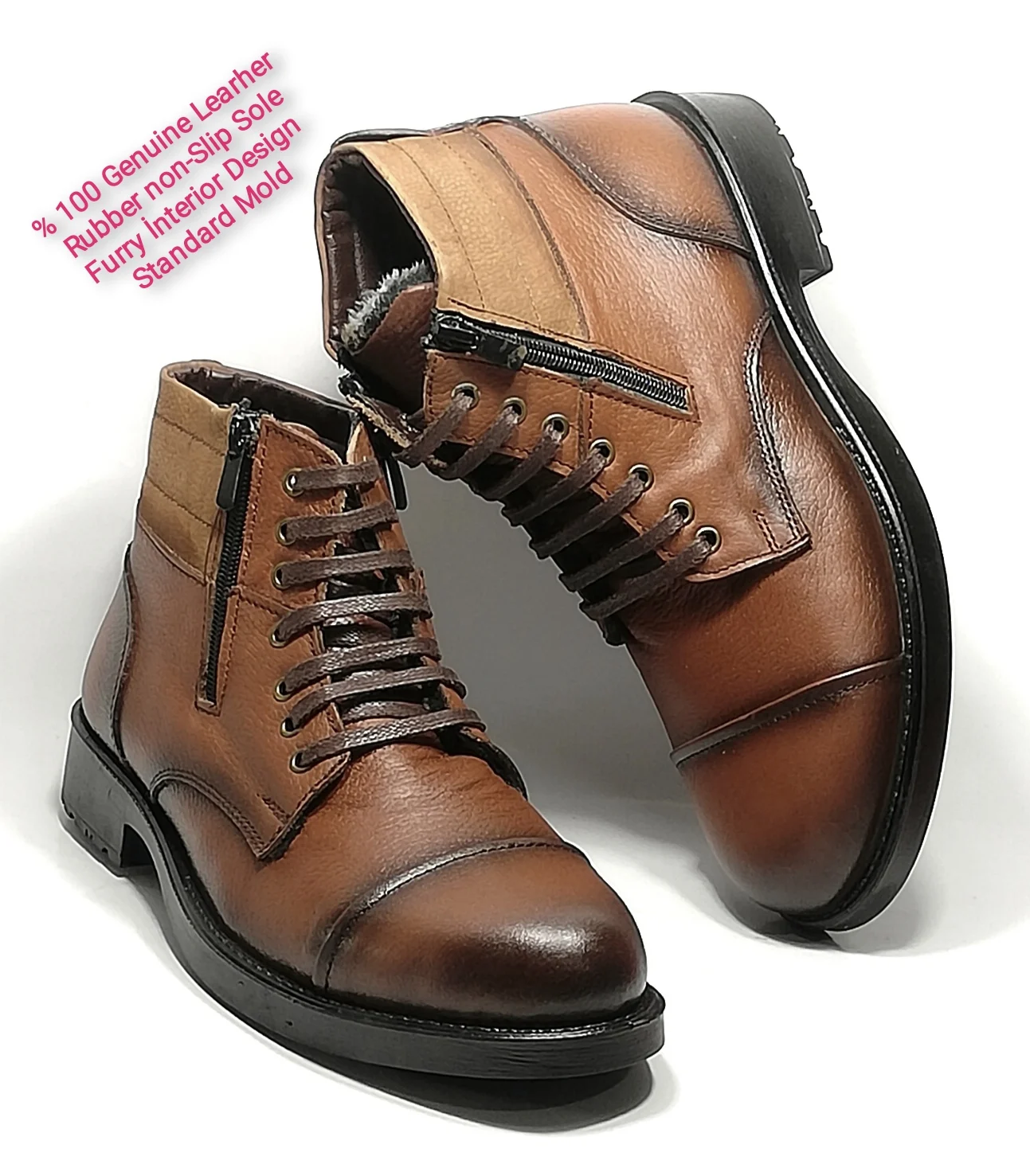

men's brown 100% leather boots rubber non-slip sole furry interior water resistant luxury winter boots