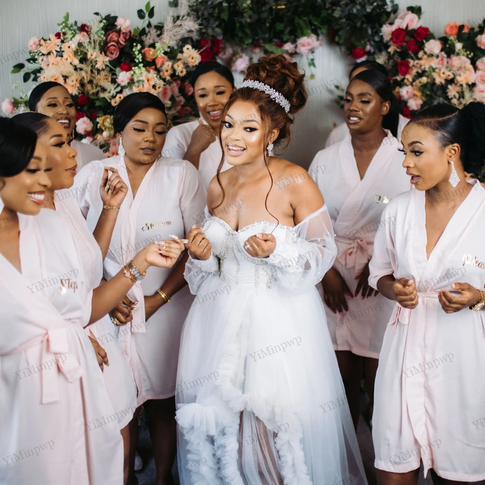 Sweetheart Bride Robes for Weddings Off Shoulder Puff Sleeve Side Split Sweep Train Ruched Beaded Bride to Be Reception Dress