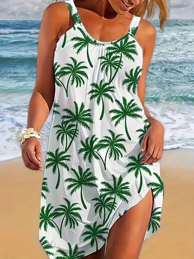 

Summer fresh coconut print sleeveless dress women's sexy sleeveless knee-length seaside beach vacation knee-length dress