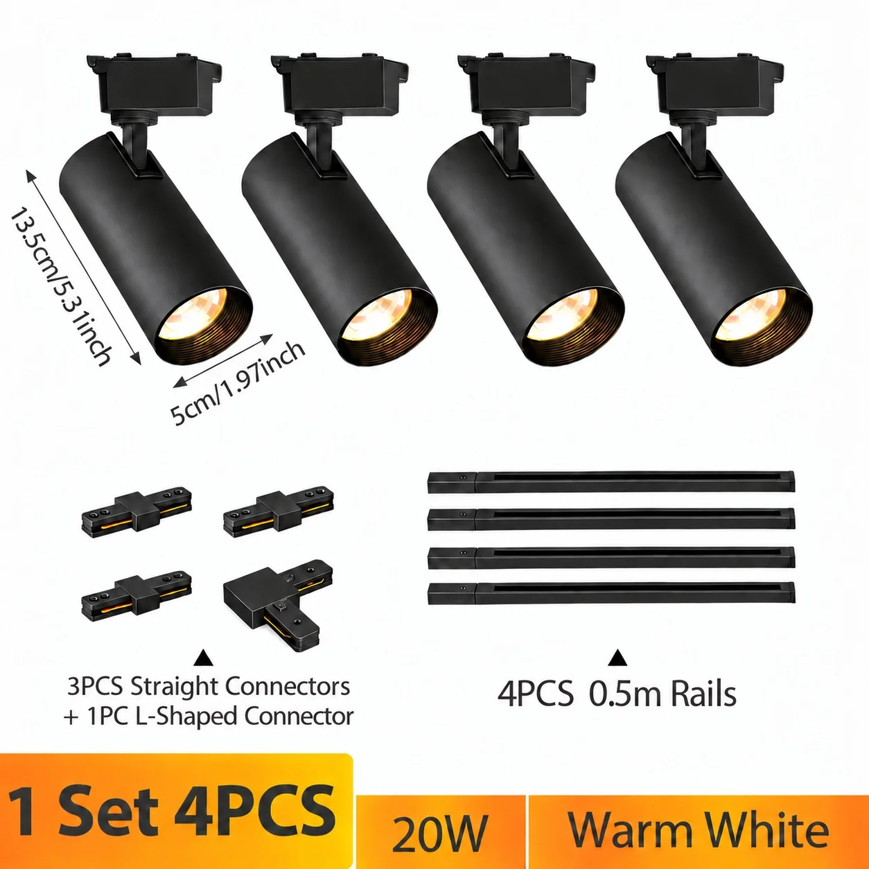 LED-spoorverlichtingsset, zwart, met 4 of 6 spots, inclusief 0,5 m lange rails en verbindingsstukken, 20W, 30W, 40W, plafondspoorverlichtingsset, 350. °   Verstelbaar
