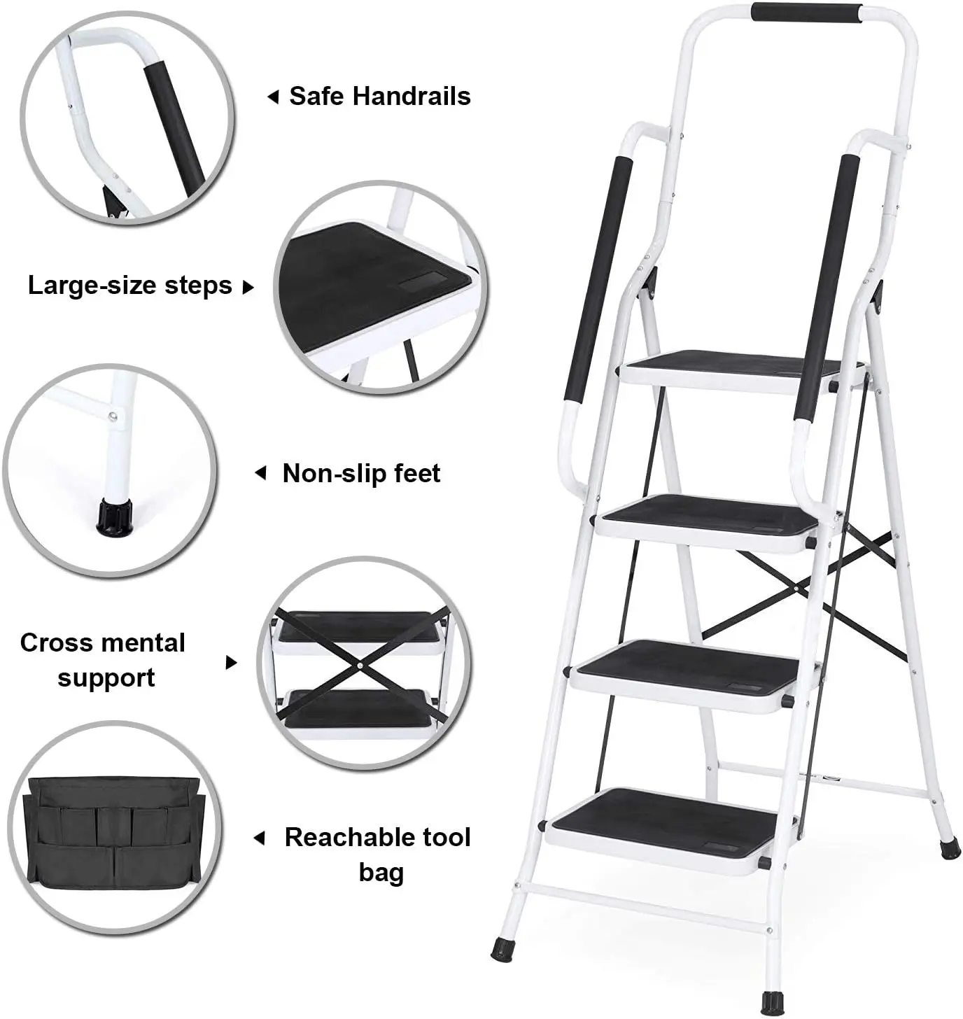 4 Step Ladder with Handrails 500 lb Capacity Step Stool Folding Portable Ladders for Home Kitchen Steel Frame