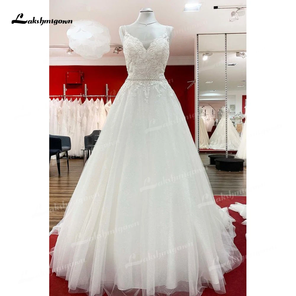 Robe de mariée en dentelle à col en V, bretelles spaghetti, dos ouvert, bouton, ceinture supérieure en dentelle, ligne A, patients de plage, quel que soit le balayage, robe éducative