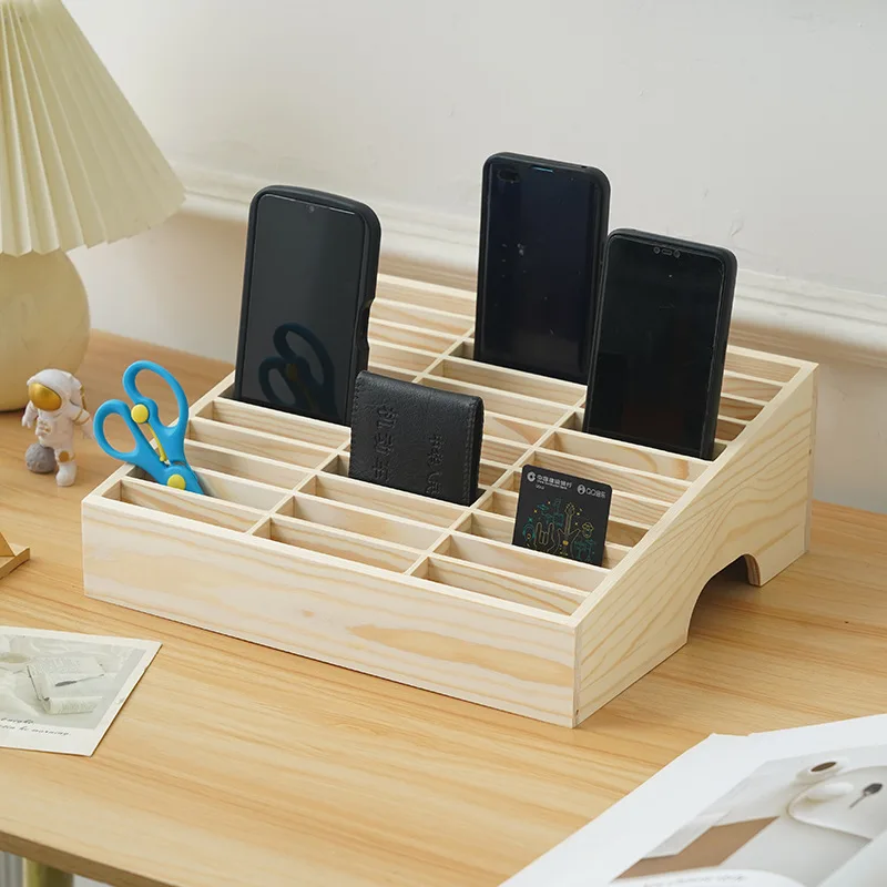 Phone Storage Box 12 Grid Rectangular Mobile Phone Stand Multipurpose Wooden Portable Desktop Organizer for Conference Hall