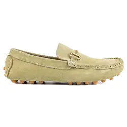 Light Green Suede Leather Gold Buckle Crampon Sole Loafer Men's Shoes Handmade in Turkiye