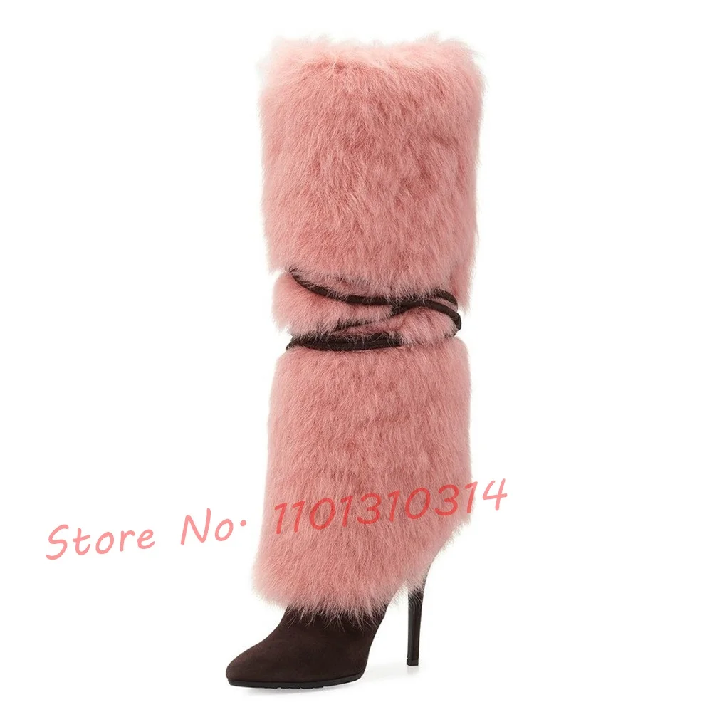 Pink Fluffy Knee-length Boots Women Black Cross Tied Winter Stiletto Heel Sexy Suede Snow Shoes Pointy Toe Trends Long Boots