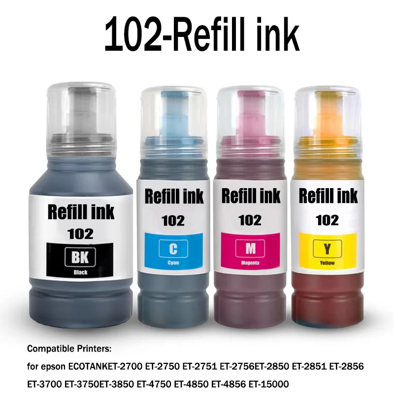 

Чернила для заправки Epson 102, совместимые с 102, на основе красителя, для ECOTANK ET-2700 ET-2750 ET-2751 ET-2850 ET-3700 ET-4750 ET-4850 ET-15000