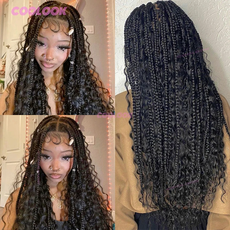 32" böhmische Göttin geflochtene Perücken synthetische knotenlose Box Braid Perücke volle Spitze Boho Zöpfe Haar Perücke afrikanische lockige geflochtene Perücken