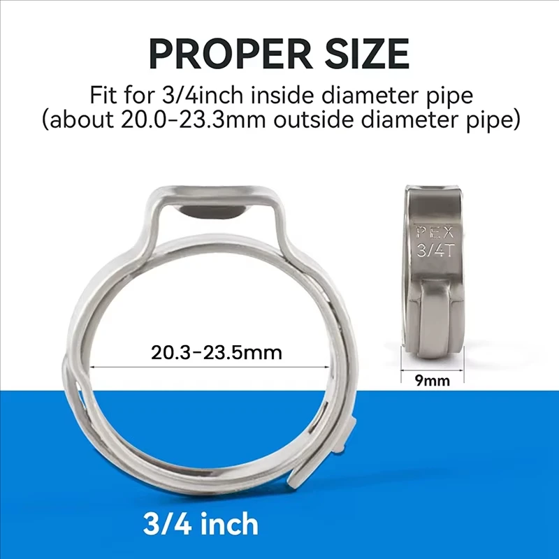 100Pcs 304 Stainless Steel Single Ear Hose Clamps Clip, 3/4-Inch Pex Crimp Rings, Pex Pipe Fitting Clamp Rings 20.3-23.5mm