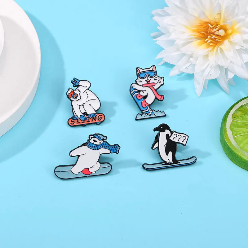 Cute Ski Animal Enamel Brooch Polar Bear Penguin Snowman Cat Alloy Lapel Pin Badge Backpack Clothing Accessories