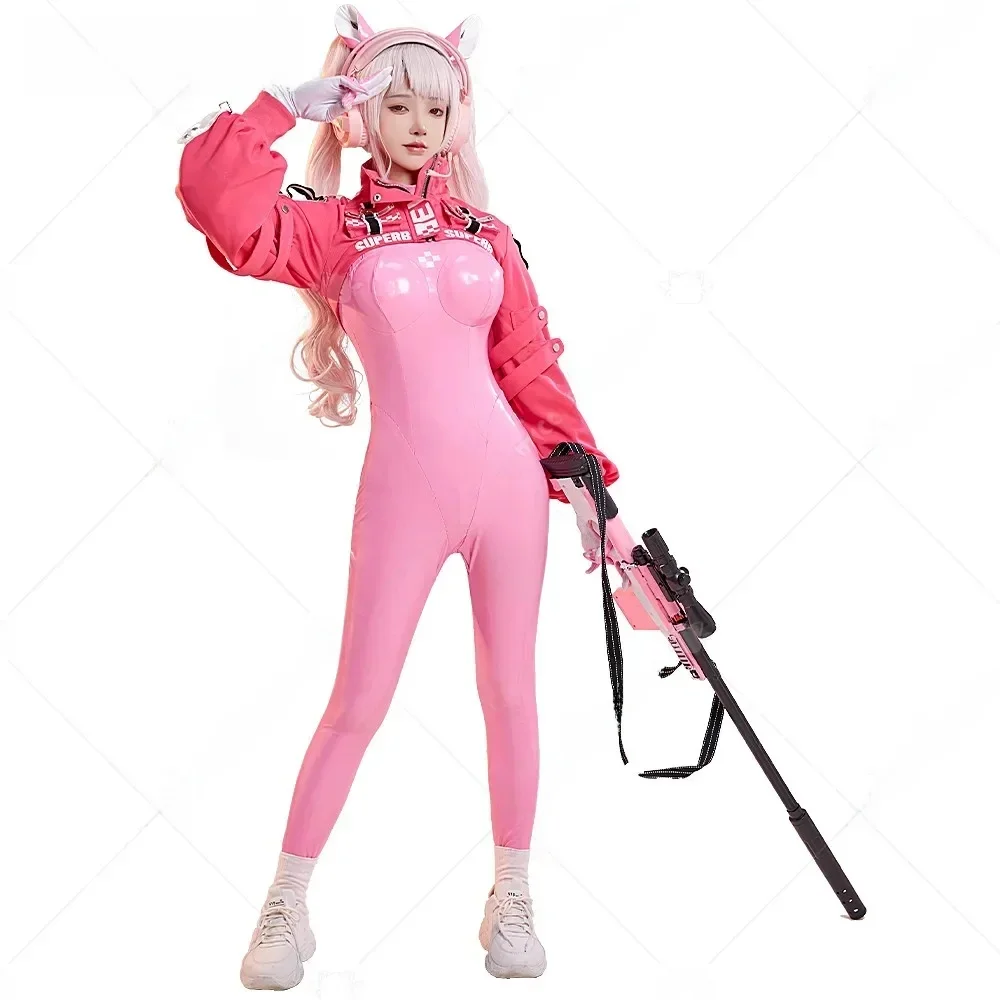 Miccostumes Damen-Cosplay-Kostüm, rosa, Bodysuit-Set mit Ohrenhandschuhen für Halloween-Party