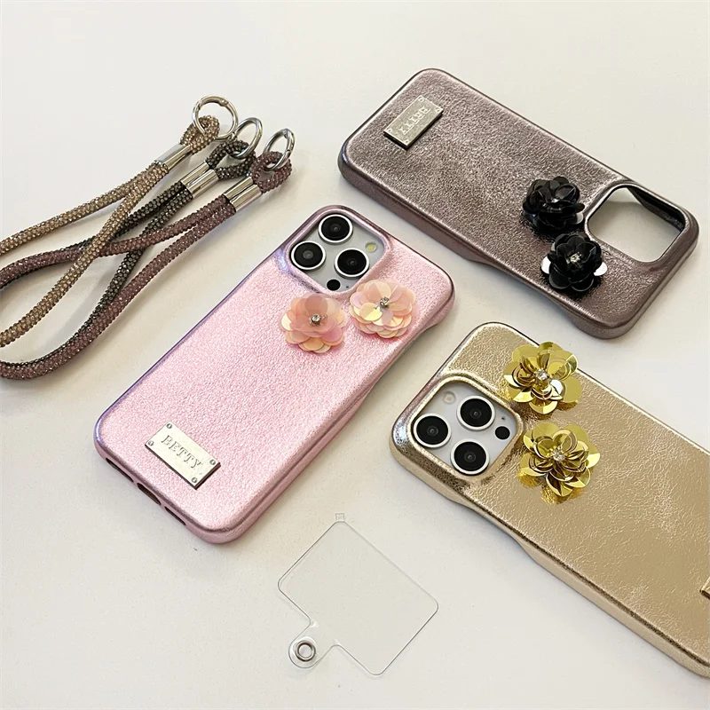 Leather Case with Glitter Flowers for iPhone Mobile Phone Case Creative Simple Advanced Sense iPhone 14 15Pro Max Apple 12 13Pro