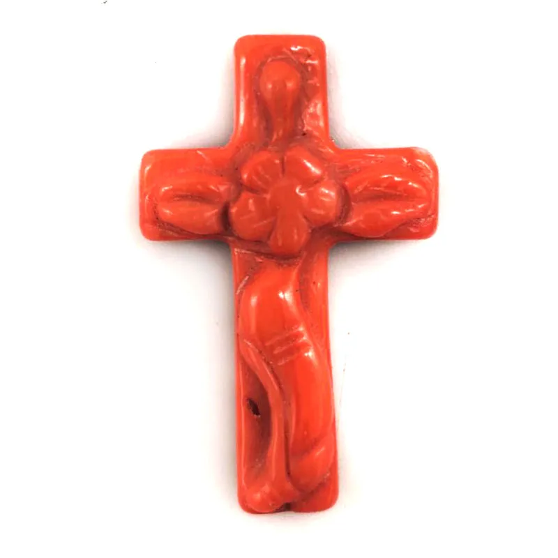 Colgante de coral natural en forma de cruz tallada floral de salmón de 30 x 40 mm