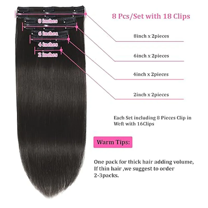 Extensiones de cabello humano con Clip para mujer, 120g1 paquete de cabello Natural, suave, liso, doble cortina, 16 a 26 pulgadas