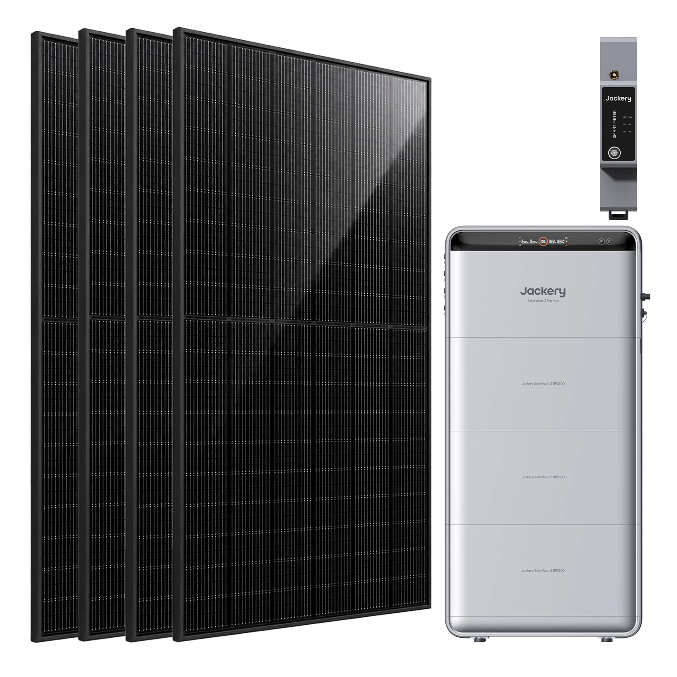 Jackery SolarVault 3 Pro Max Balkonkraftwerk mit Speicher, mit 3 BP2500 10.08kWH,mit Smart Meter 2500 W, 4 MPPT, 4000 W PV-Eingang, mit 4 x 500 W Solarmodulen