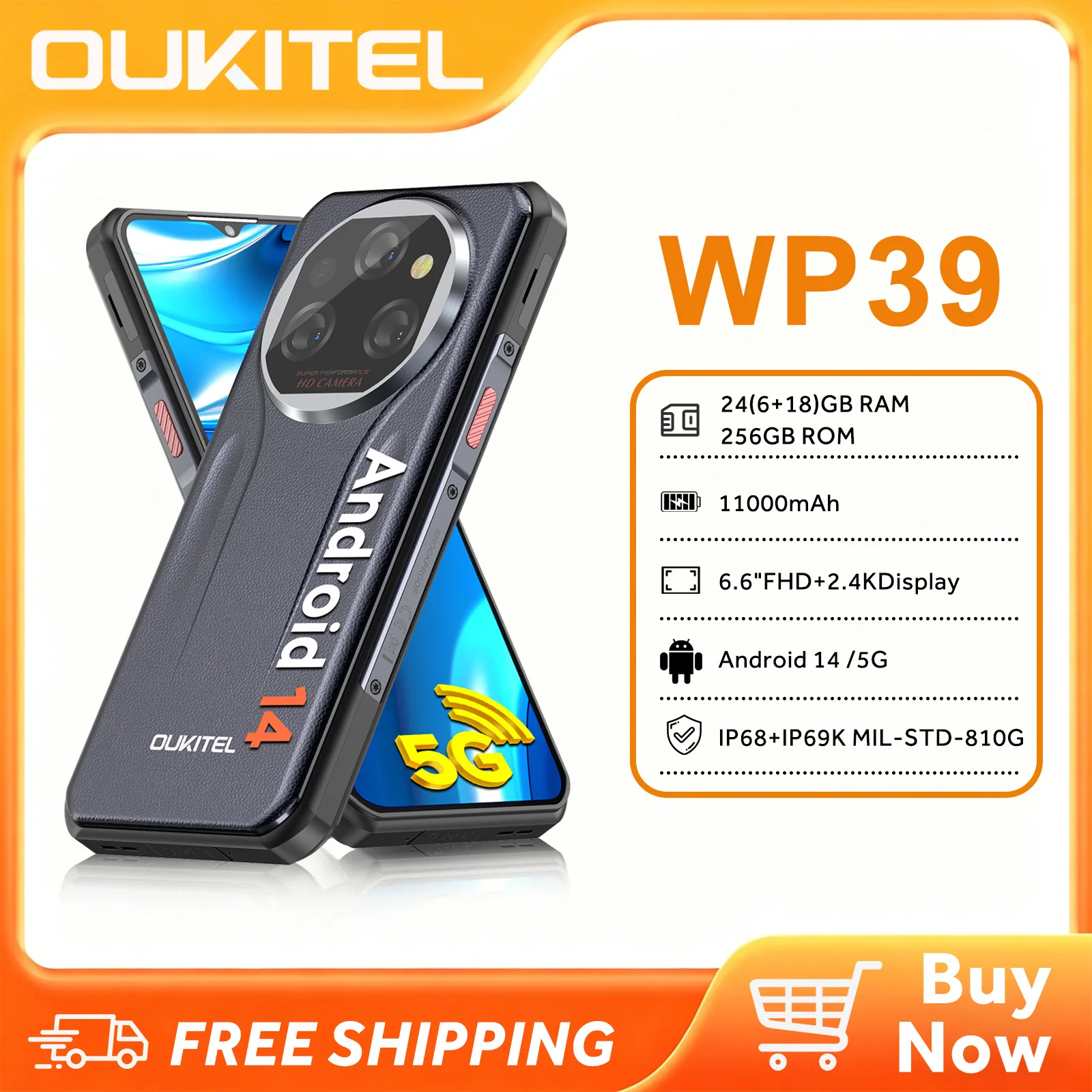 OUKITEL WP39 Robustes 5G-Handy, 24GB+256GB Mobiltelefon, 6,6 Zoll FHD+ Android 14 Smartphone, 11000mAh Akku, Entsperrtes Outdoor-Smartphone, IP68 wasser- und staubdicht, MIL-STD-810H zertifiziert für