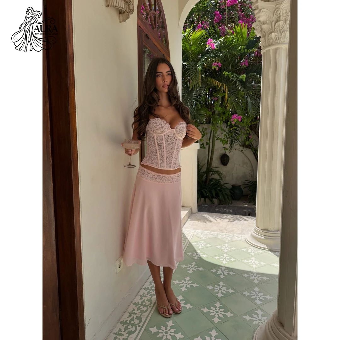 Aura Customized Women's Evening Dresses for Events Pink Strapless Elegant Dresses for Gala Party Line A Lace Embroidery Dress