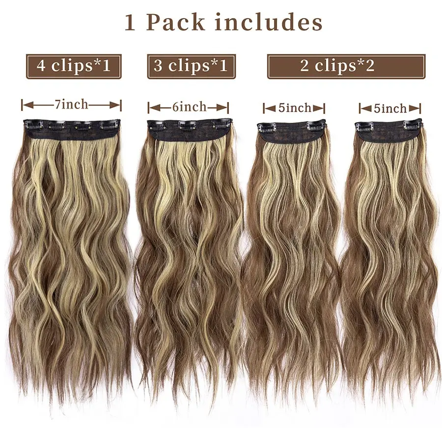 Extensions de cheveux synthétiques longs ondulés à clipser pour femmes, résistant à la chaleur, noir, marron, surbrillance, 4 pièces par ensemble