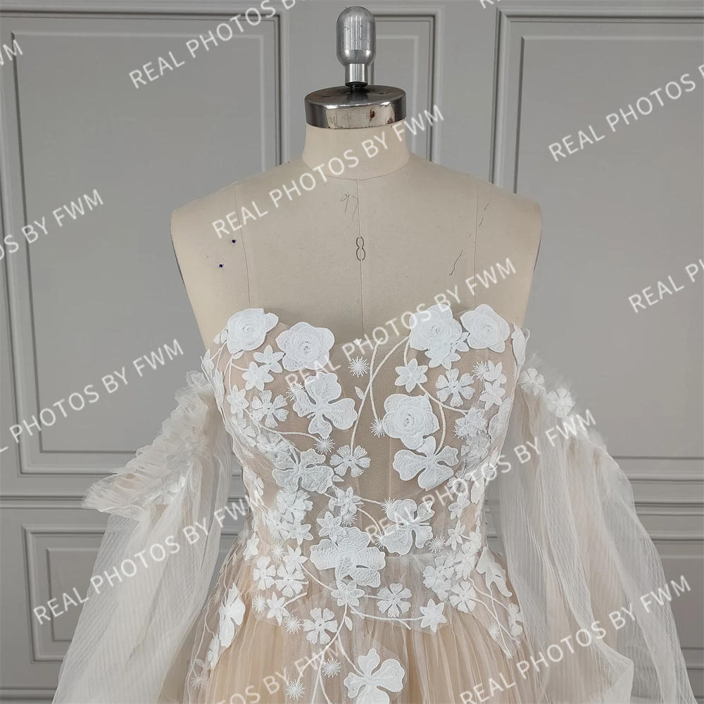 2220 #   100% personalizado Boho desmontable mangas abullonadas apliques de encaje vestido de novia sin tirantes para mujer vestido de novia de tul Línea A